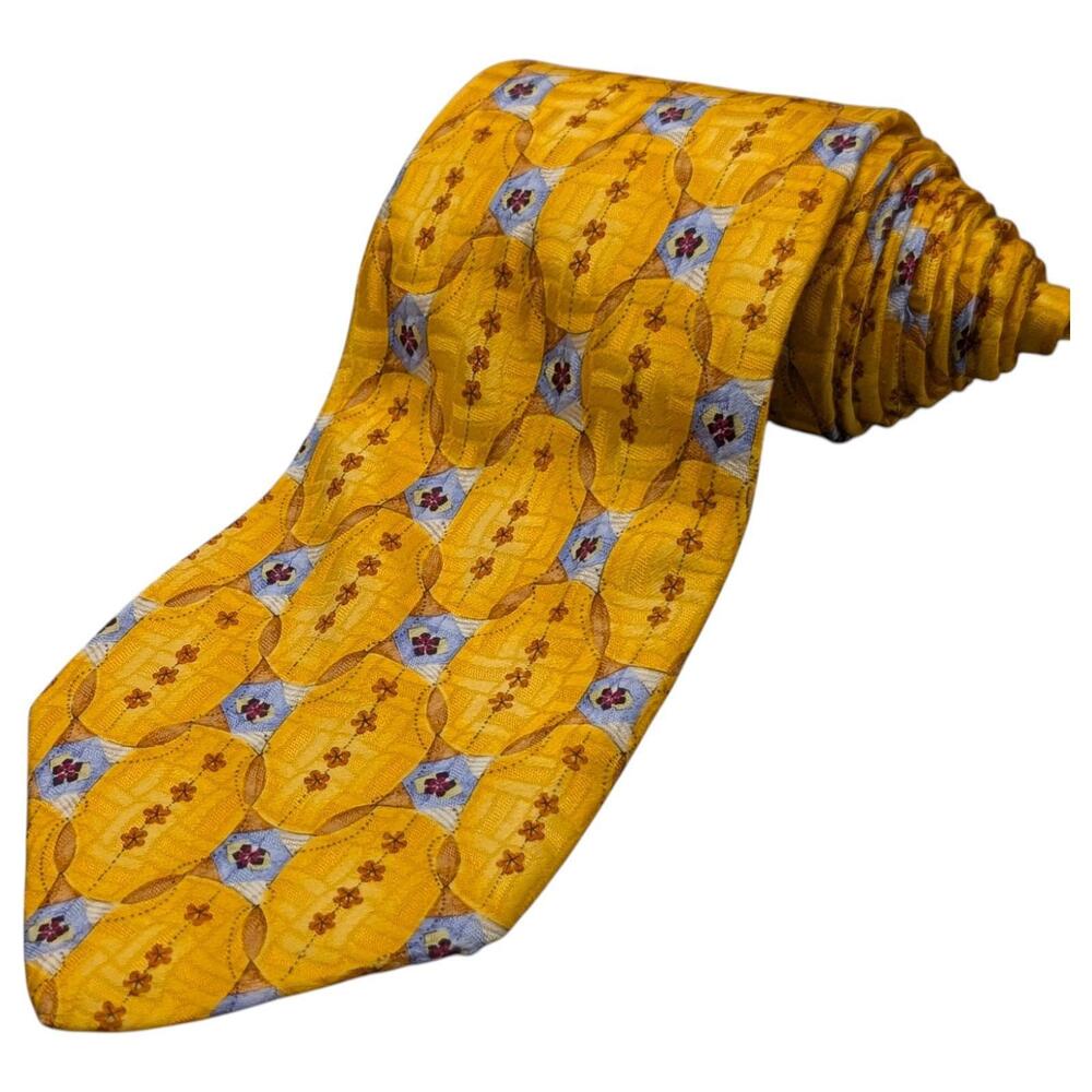 Robert Talbott Best of Class Tie 56.5" Yellow Silk Geometric‎ Floral USA Vintage